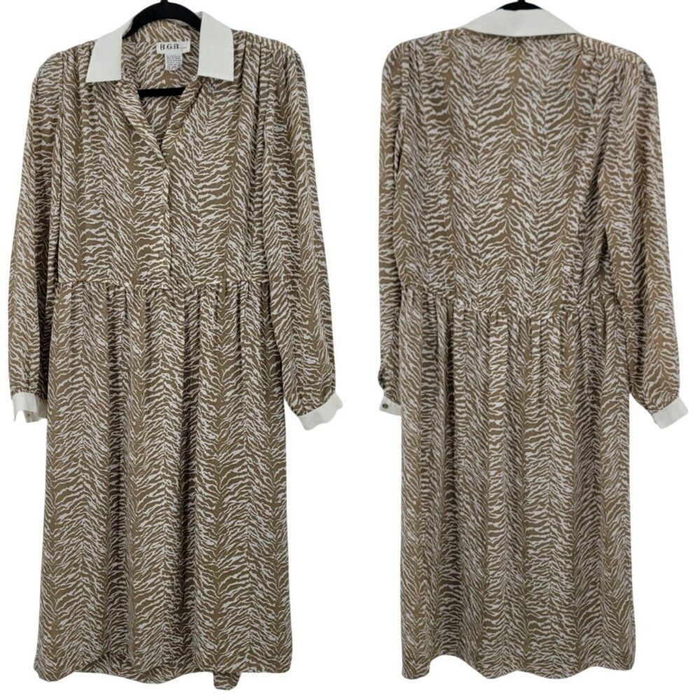 Vtg 70s Tan Zebra Long Sleeve Collared Midi Dress‎ Sz S Sheer Modest Church